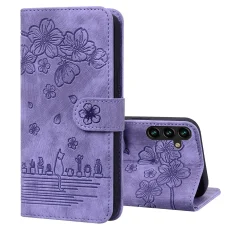 Embosované kožené puzdro s motívom kreslenej sakura mačky pre Samsung Galaxy A57 5G (fialové)