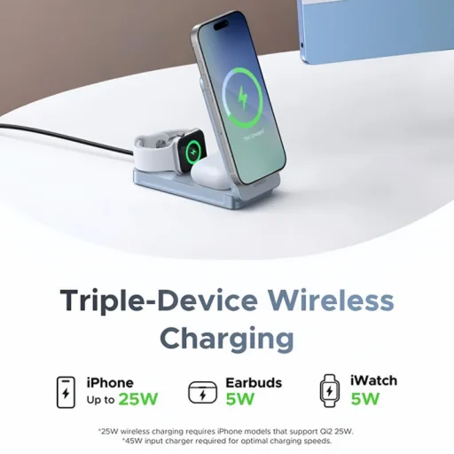 UGREEN W757 (65901) 3 v 1, 25W Qi2, Modrá bezdrôtová nabíjačka, nabíjacia stanica - 7
