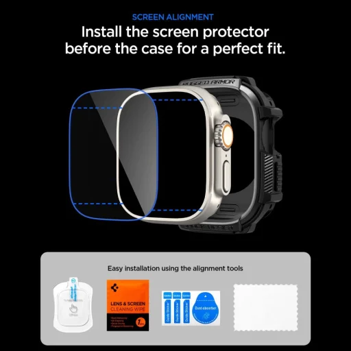 Apple Watch Ultra 1 / 2 / 3 (49 mm) Spigen Rugged Armor a tvrdené sklo, matné čierne puzdro - 9