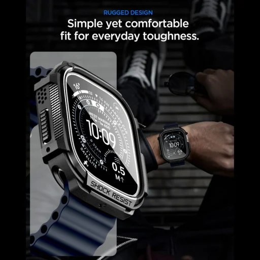 Apple Watch Ultra 1 / 2 / 3 (49 mm) Spigen Rugged Armor és edzett üvegfólia matt fekete tok - 7