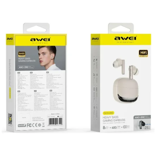 AWEI TA19 ANC Bluetooth 6.0 TWS vezeték nélküli fülhallgató töltőtokkal bézs - 3