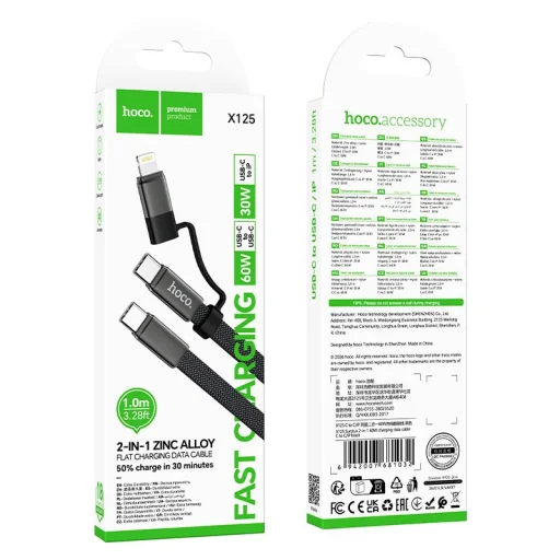 Hoco X125 plochý Type-C–Type-C / iP 2 v 1 USB kábel 3A 60W 1 m čierny - 6