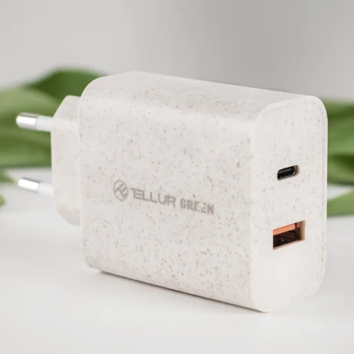 Tellur Green 38W dvojportový sieťový USB-C nabíjací adaptér Type-C PD20W + USB QC3.0, krémový - 3