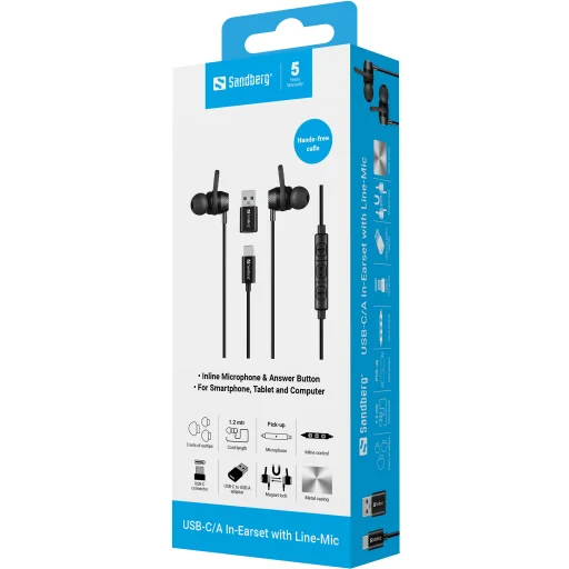 Sandberg 126-50 USB-C/A drôtové slúchadlá do uší s mikrofónom na kábli - 5