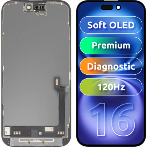 LCD displej modul MP pre Apple iPhone 16, Prémiový Soft OLED FHD 120Hz Diagnostická verzia, Aftermarket, Čierny - 1