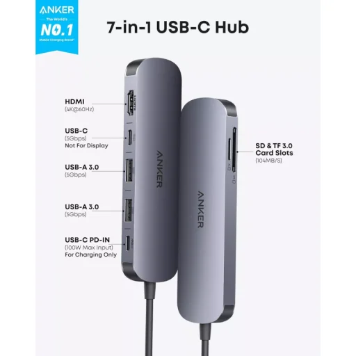 USB-C Hub Anker, 2 x USB-A 3.0 - 2 x USB-C - 1 x HDMI - 1 x SD - 1 x microSD, Sivý A83D2HA1 - 2