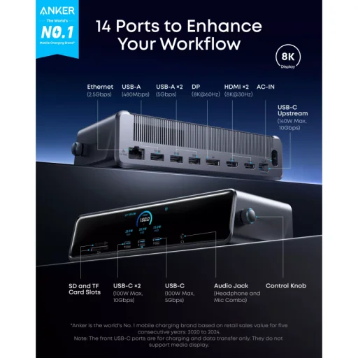 Anker Prime Hub, 3 x USB-A - 4 x USB-C - 1 x DisplayPort - 2 x HDMI - 1 x Jack 3.5mm - 1 x RJ45 - 1 x SD - 1 x microSD, Sivá A83B33A1 - 9
