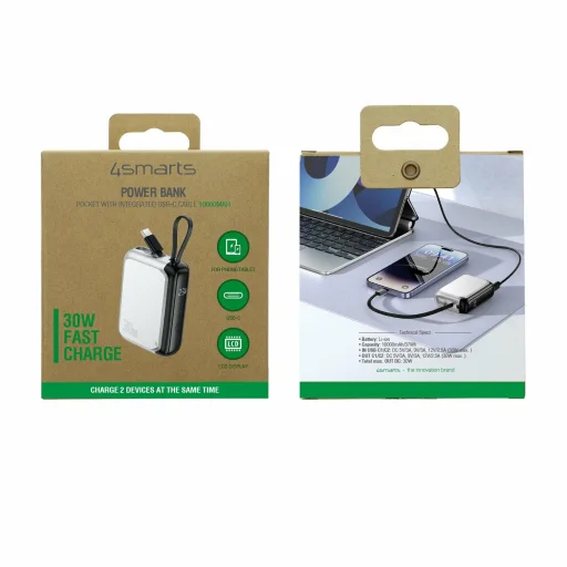 4smarts Pocket 10000mAh 30W so zabudovaným 15 cm USB-C káblom strieborná powerbanka - 4