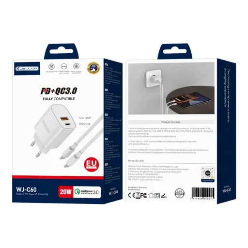 JELLICO sieťová nabíjačka WJ-C60 PD 20W 1xUSB-C + 1xUSB QC3.0 + USB-C - Lightning kábel Biela - 1