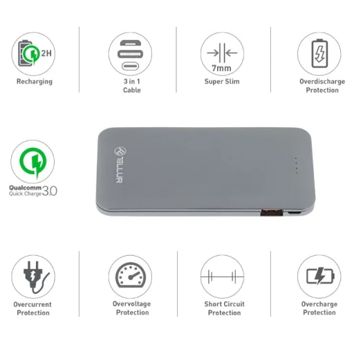 Tellur Power Bank QC 3.0 rýchle nabíjanie, 5000 mAh, 3 v 1, sivá externá batéria - 4