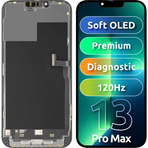 LCD kijelző modul MP Apple iPhone 13 Pro Max, Prémium Soft OLED FHD 120Hz Diagnosztikai verzió, Utángyártott, Fekete üvegfólia - 1