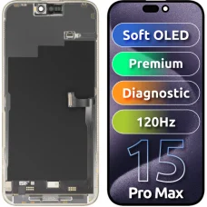 LCD kijelző modul MP Apple iPhone 15 Pro Max, Prémium Soft OLED FHD 120Hz Diagnosztikai verzió, Aftermarket, Fekete, üvegfólia