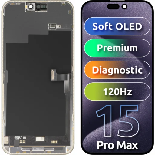 LCD kijelző modul MP Apple iPhone 15 Pro Max, Prémium Soft OLED FHD 120Hz Diagnosztikai verzió, Aftermarket, Fekete, üvegfólia - 1