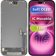 Apple iPhone 16 LCD Kijelző Modul, Soft OLED, FHD 120Hz, IC Mozgatható Verzió, Utángyártott, Fekete