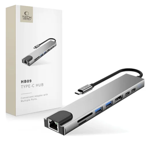Tech-Protect HB09 8 az 1-ben Type-C / USB-C hub adapter Type-C + USB-A 3.0 + USB-C 3.0 + HDMI 4K 60Hz + SD/TF + PD 100W + RJ45 1000 Mb/s asztroszürke - 1
