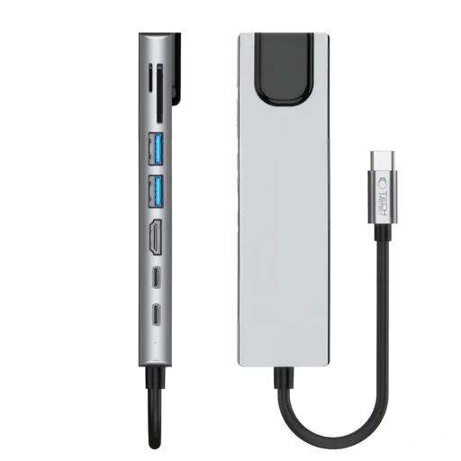Tech-Protect HB09 8 az 1-ben Type-C / USB-C hub adapter Type-C + USB-A 3.0 + USB-C 3.0 + HDMI 4K 60Hz + SD/TF + PD 100W + RJ45 1000 Mb/s asztroszürke - 6