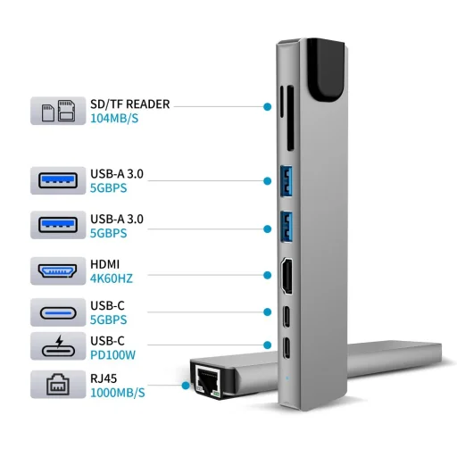 Tech-Protect HB09 8 az 1-ben Type-C / USB-C hub adapter Type-C + USB-A 3.0 + USB-C 3.0 + HDMI 4K 60Hz + SD/TF + PD 100W + RJ45 1000 Mb/s asztroszürke - 7