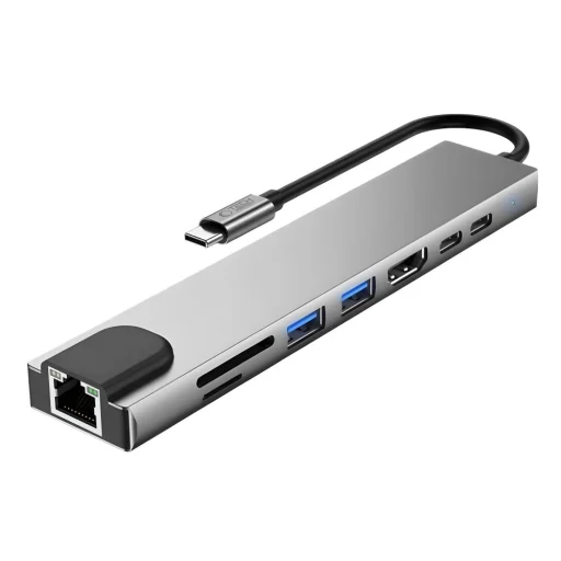 Tech-Protect HB09 8 az 1-ben Type-C / USB-C hub adapter Type-C + USB-A 3.0 + USB-C 3.0 + HDMI 4K 60Hz + SD/TF + PD 100W + RJ45 1000 Mb/s asztroszürke - 2