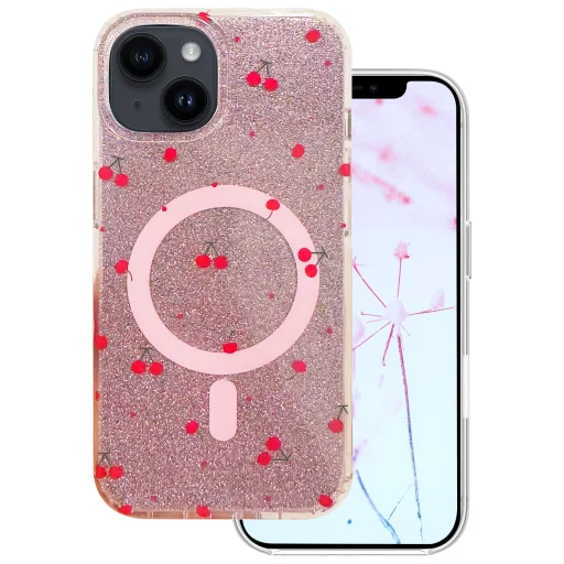 iPhone 13 / 14 6,1" Cherry Mag cseresznye mintás csillámos rózsaszín tok - 1