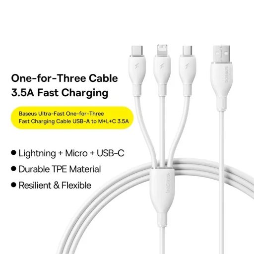 USB-A na Lightning / microUSB / USB-C kábel Baseus Ultra Fast 3in1, 18W, 3.5A, 1.3m, biely - 5