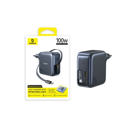 Hálózati USB-C töltő adapter Baseus EnerCore CJ11, 100W, 5A, 1 x USB-C - 2 x USB-C, USB-C kábellel, fekete E0120M00 - 3