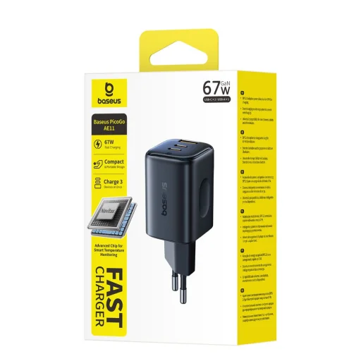 Baseus PicoGo AE11 hálózati USB-C töltő adapter, 67W, 3.35A, 1 x USB-A - 2 x USB-C, fekete - 3
