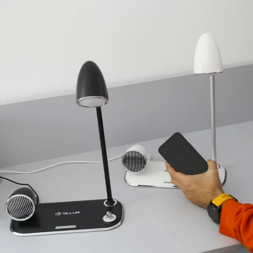 Tellur Nostalgia bezdrôtová stolná nabíjačka, Bluetooth reproduktor a stolná lampa, biela - 5