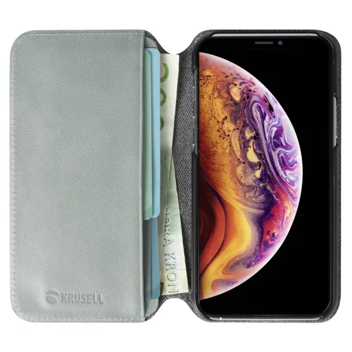 Krusell Sunne PhoneWallet Apple iPhone 11 Pro vintage sivé kožené flipové puzdro - 4