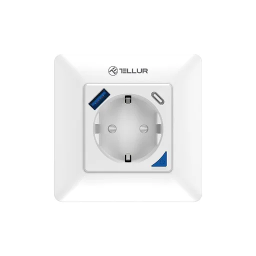 Tellur Smart WiFi nástenná inteligentná zásuvka 3600W 16A, PD20W, USB 18W, s meraním spotreby, biela - 1