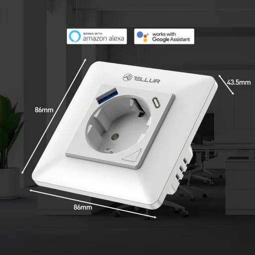 Tellur Smart WiFi nástenná inteligentná zásuvka 3600W 16A, PD20W, USB 18W, s meraním spotreby, biela - 2