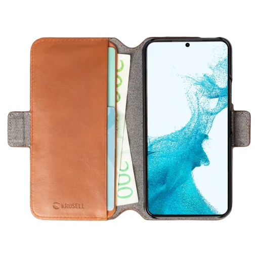 Krusell Leather PhoneWallet Samsung Galaxy S22+ koňakovo hnedé flipové puzdro - 4