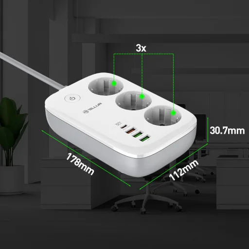 Tellur Smart WiFi predlžovací prívod s 3 zásuvkami, PD 30W, QC 18W, 2x USB 2.4A, 2500W, 10A, 2 m - 4