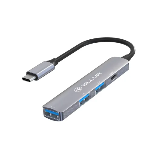 Tellur 4 az 1-ben USB-C 3.1 alumínium hub, szürke - 1