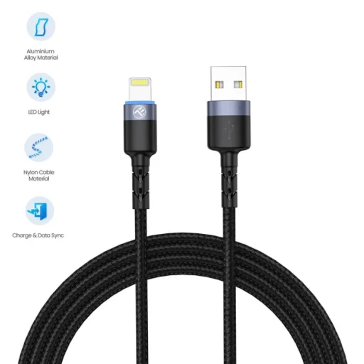 Tellur USB–Lightning LED nylonový opletený dátový a nabíjací kábel, 1,2 m, čierny - 2