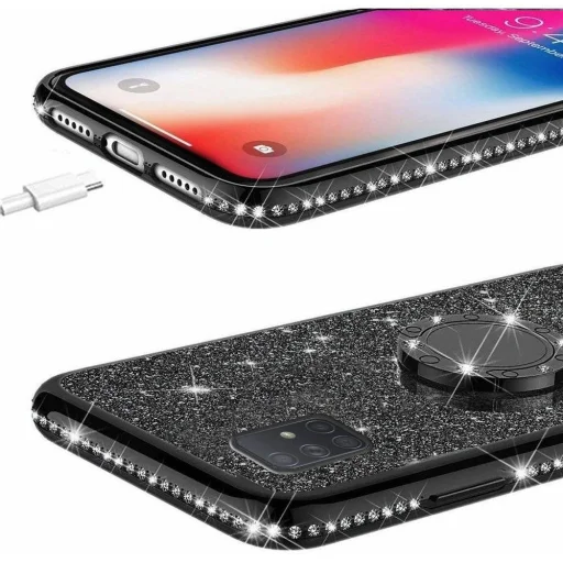 Diamond csillogó tok gyűrű támasszal Samsung A41 fekete - 2