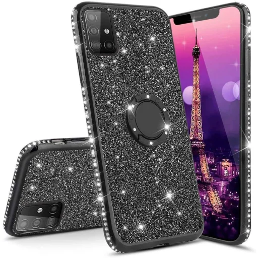 Diamond csillogó tok gyűrű támasszal Samsung A41 fekete - 1