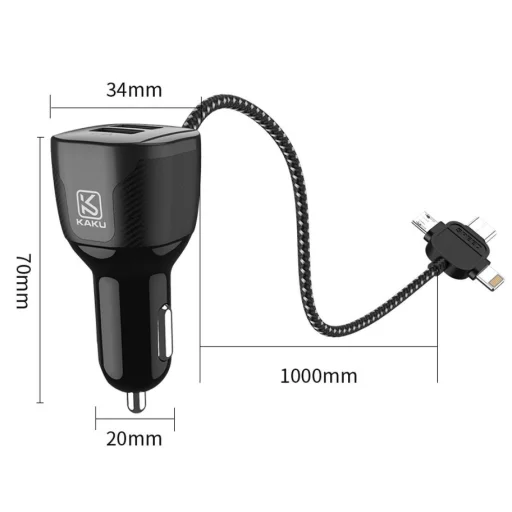 KAKU Jinba 3in1 Univerzális autós töltő 2.4A 2xUSB (USB Type C + Lightning + Micro USB) piros - 5