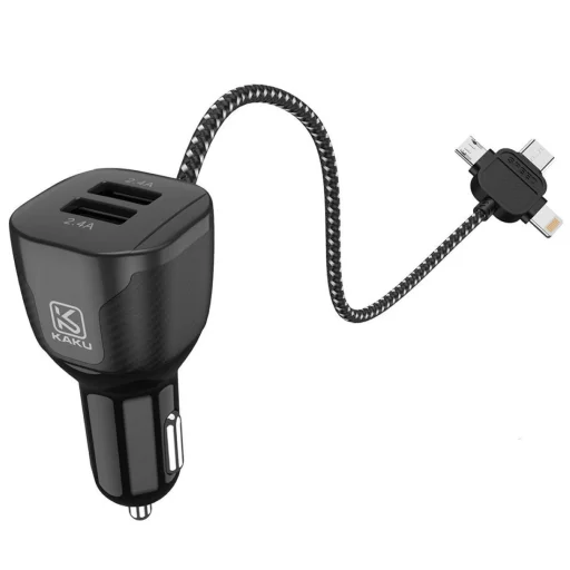 KAKU Jinba 3in1 Univerzális autós töltő 2.4A 2xUSB (USB Type C + Lightning + Micro USB) fekete - 1