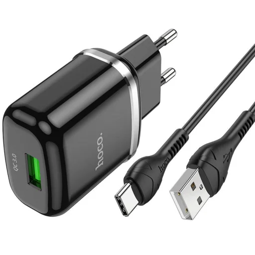 HOCO N3 Hálózati töltő adapter 18W QC3.0 3A + USB Type-C kábel 1m fekete - 1