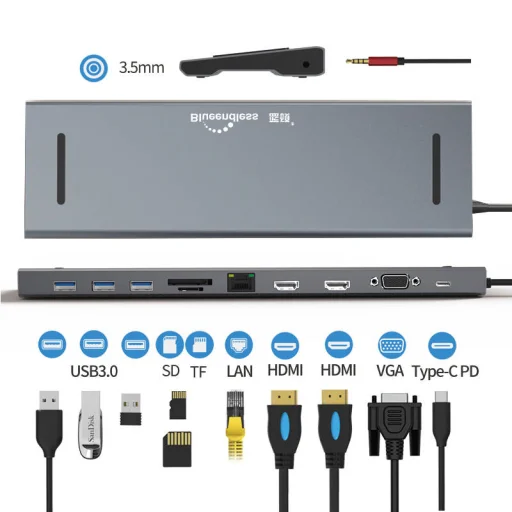 11in1 Dokkoló állomás HUB 3xUSB 3.0 + 2x HDMI + VGA + USB Type-C + Ethernet + SD + TF + 3.5mm mini jack szürke - 9
