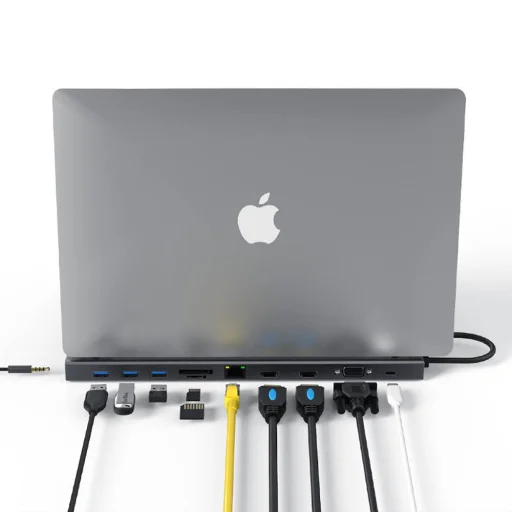 11in1 Dokkoló állomás HUB 3xUSB 3.0 + 2x HDMI + VGA + USB Type-C + Ethernet + SD + TF + 3.5mm mini jack szürke - 2