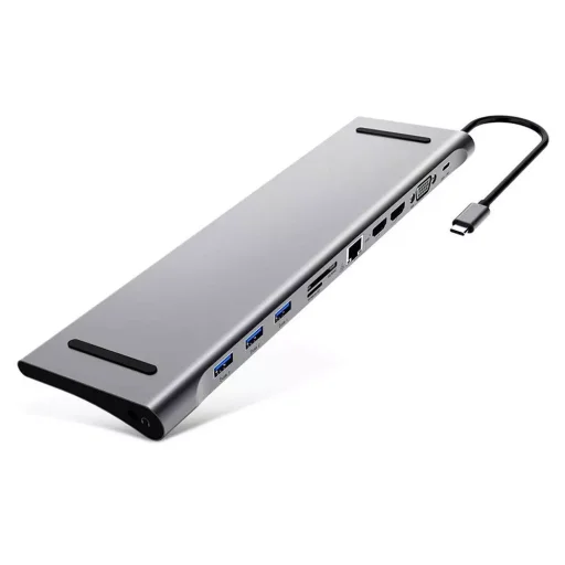 11in1 Dokkoló állomás HUB 3xUSB 3.0 + 2x HDMI + VGA + USB Type-C + Ethernet + SD + TF + 3.5mm mini jack szürke - 4