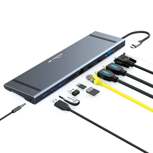11in1 Dokkoló állomás HUB 3xUSB 3.0 + 2x HDMI + VGA + USB Type-C + Ethernet + SD + TF + 3.5mm mini jack szürke - 1