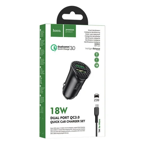 HOCO Autós töltő 2x USB QC3.0 18W + Micro USB kábel fekete - 9
