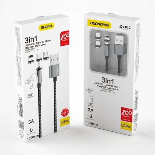  Dudao Mágneses USB kábel + Lightning / USB Type-C / micro USB csatlakozók 3A 1m szürke (L9Pro) - 5