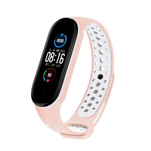 Szilikon Xiaomi Mi Band 5 pontozott óraszíj pink/ fehér - 1