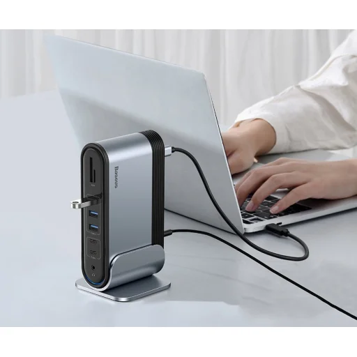 Baseus HUB 3xUSB 3.2 Gen 1 / 2xUSB Type-C / SD és micro SD kártyaolvasó / AUX / 2xDisplayPort / 2xHDMI / RJ45 1 Gbps szürke (CAHUB-HG0G) - 15