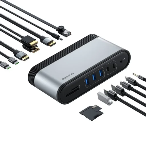 Baseus HUB 3xUSB 3.2 Gen 1 / 2xUSB Type-C / SD és micro SD kártyaolvasó / AUX / 2xDisplayPort / 2xHDMI / RJ45 1 Gbps szürke (CAHUB-HG0G) - 7
