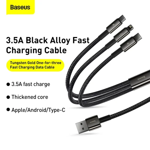 Baseus Tungsten USB - Lightning/ Micro USB/ USB Type-C kábel 3.5A 1.5m fekete (CAMLTWJ-01) - 3