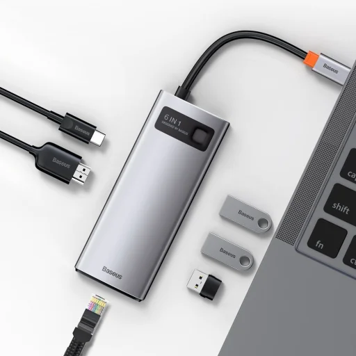 Baseus Metal Gleam 6in1 HUB USB Type-C - USB Type-C PD 100W / HDMI 4K 30Hz / 3x USB 3.2 Gen 1/ RJ45 1Gbps szürke (CAHUB-CW0G) - 10